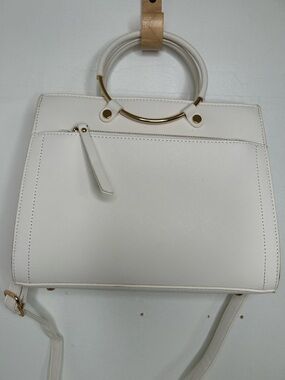 White Structured Top-Handle Tote with Gold Ring Accent